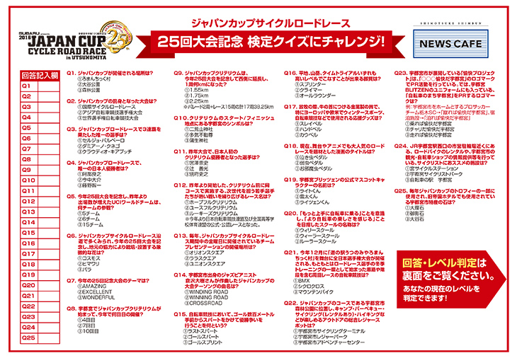『ジャパンカップサイクルロードレース検定』のクイズが付いたオリジナルトレーシート