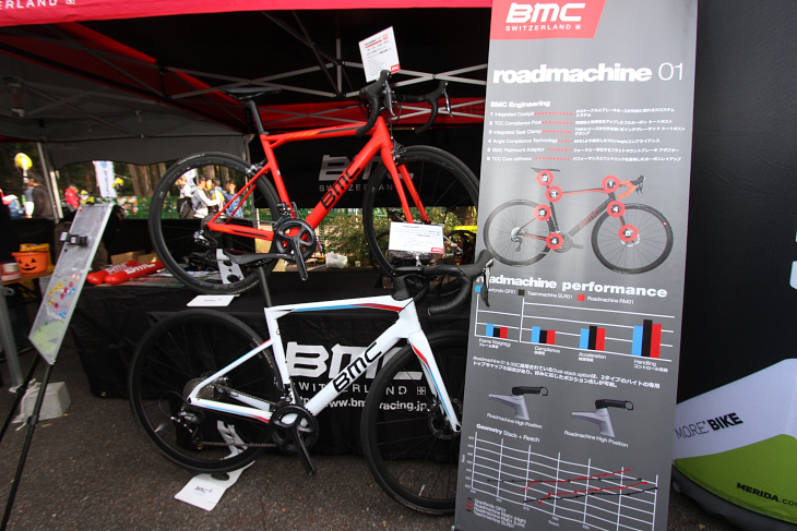 BMCレーシングの選手たちが使用するスイスのバイクブランド「BMC」の最新モデルを展示
